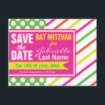 Cartão Postal De Anúncio Bandas a negrito e Bolinhas Bat Mitzvah<br><div class="desc">Estilo moderno com cores brilhantes apresentando um design de bolinhas e listras grandes.  Apenas personalize com seus detalhes para um anúncio de tendências e na moda.</div>