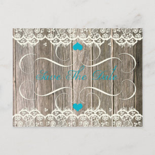 Cartão Postal De Anúncio Barn Wood Lace Teal Hearts Swirls Salvar Data