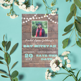 Cartão Postal De Anúncio Barnwood Lights Teal Bat Mitzvah Foto Salvar Data