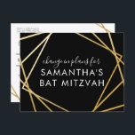 Cartão Postal De Anúncio Bat Mitzvah Mudança de planos Dourado moderno<br><div class="desc">O cartão postal moderno, moderno e elegante e preto Bat Mitzvah para anunciar uma mudança de celebração ou cerimônia nos planos para um evento virtual, com uma moderna fronteira de quadrados geométricos abstrato. Personalize facilmente este cartão postal "altere a data ou os planos" do seu Bat Virtual Mitzvah com nome...</div>
