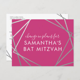 Cartão Postal De Anúncio Bat Mitzvah Mudança de Planos Prata Rosa Moderna