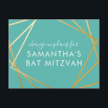Cartão Postal De Anúncio Bat Mitzvah Mudança de Planos Teal Dourado Moderno<br><div class="desc">Cartão postal moderno, moderno e elegante de turquesa azul-esverdeado e dourado Bat Mitzvah para anunciar uma celebração ou uma mudança cerimonial nos planos para um evento virtual, com uma fronteira moderna de quadrados geométricos de abstrato. Personalize facilmente este cartão postal "altere a data ou os planos" do seu Bat Virtual...</div>