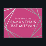 Cartão Postal De Anúncio Bat Moderno Rosa e Prateado Mitzvah Salva a Data<br><div class="desc">Moderno, moderno e elegante prata e Bat Mitzvah cor-de-rosa salvam os cartões postais com uma única fronteira de quadrados geométricos. Personalize facilmente este barato, salve a data para o seu Bat Mitzvah com nome personalizado, data e detalhes da sua celebração divertida e sofisticada. Todo o texto é editável, para que...</div>