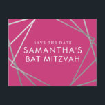 Cartão Postal De Anúncio Bat Moderno Rosa e Prateado Mitzvah Salva a Data<br><div class="desc">Moderno, moderno e elegante prata e Bat Mitzvah cor-de-rosa salvam os cartões postais com uma única fronteira de quadrados geométricos. Personalize facilmente este barato, salve a data para o seu Bat Mitzvah com nome personalizado, data e detalhes da sua celebração divertida e sofisticada. Todo o texto é editável, para que...</div>