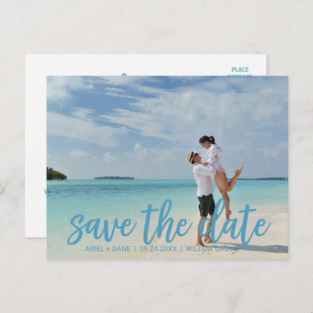 Cartão Postal De Anúncio Beach Blue Save the Date Photo (Frente/Verso)