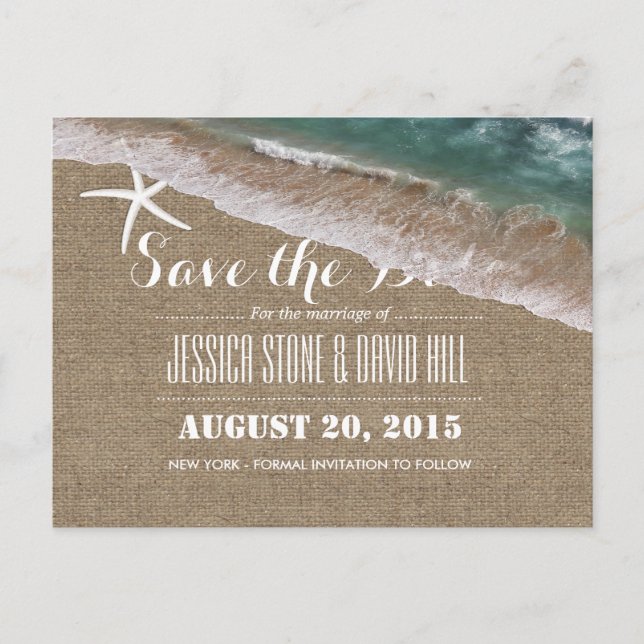 Cartão Postal De Anúncio Beach Wedding Burlap & Starfish Salvar a Data (Frente)