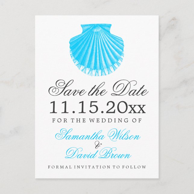 Cartão Postal De Anúncio Beach Weding Save The Date Scallop Turquoise (Frente)