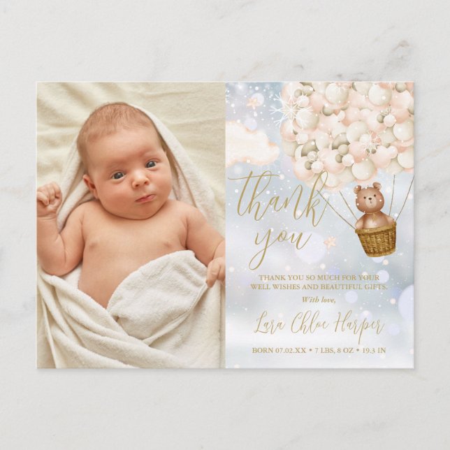 Cartão Postal De Anúncio Bear Balões Obrigado Foto Do Bebê De Inverno (Frente)