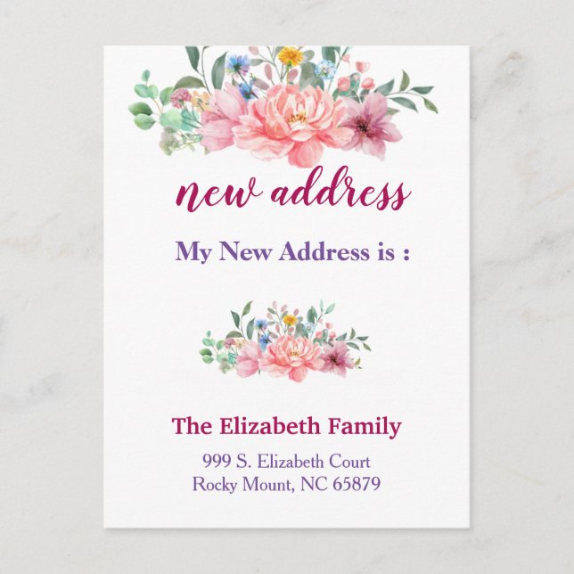 Cartão Postal De Anúncio Beautiful Floral New Address Moving Announcement (Frente)
