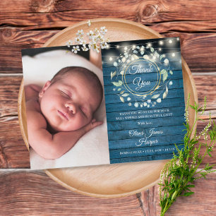 Cartão Postal De Anúncio Bebê Foto Greenery Rustic Blue Obrigado Nascimento