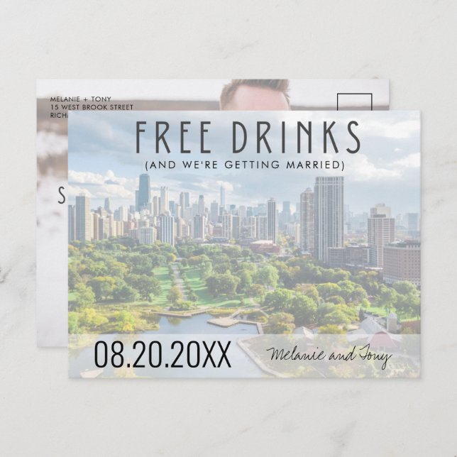 Cartão Postal De Anúncio Bebidas Grátis Casamento Silhueta de Chicago Save  (Frente/Verso)