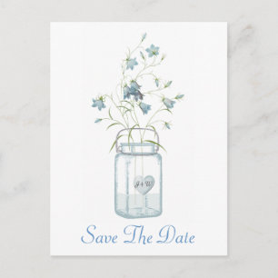Cartão Postal De Anúncio Bells Azuis em Casamento Mason Jar Salvar a Data