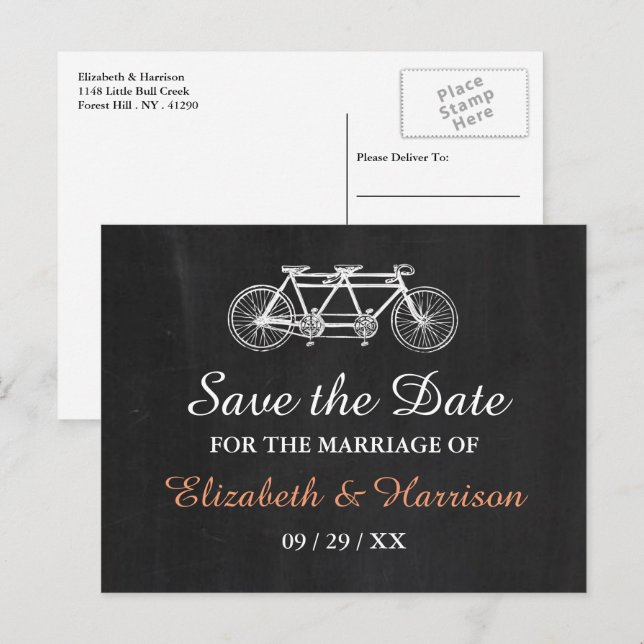 Cartão Postal De Anúncio Bicicleta Tandem No Casamento De Chalkboard Salvar (Frente/Verso)