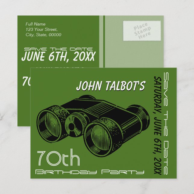 Cartão Postal De Anúncio Binóculos Antigos Aniversário de 70 anos Save the  (Frente/Verso)