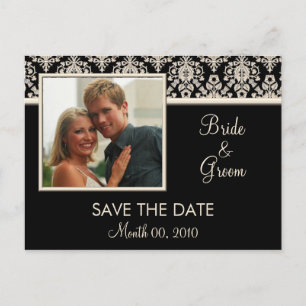 Cartão Postal De Anúncio Black and Ivory Damask Save the Date Postcards (Ca