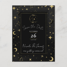 Cartão Postal De Anúncio Black & Gold Celestial Moon & Stars Salve a Data