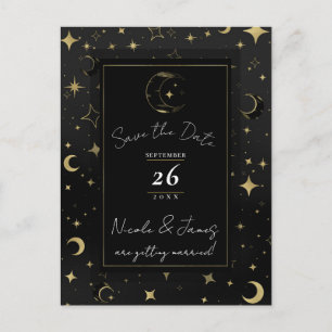 Cartão Postal De Anúncio Black & Gold Celestial Moon & Stars Salve a Data