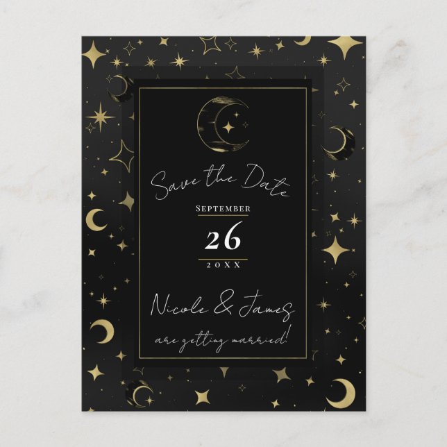 Cartão Postal De Anúncio Black & Gold Celestial Moon & Stars Save the Date (Frente)