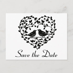 Cartão Postal De Anúncio Black Salve o Dia Lovebirds Floral Coração Casamen