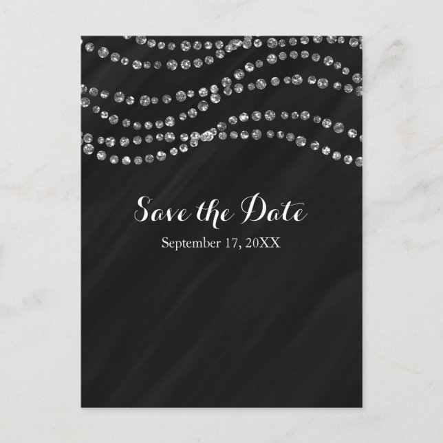Cartão Postal De Anúncio Black & Silver Faux Diamond Bling Save The Date (Frente)