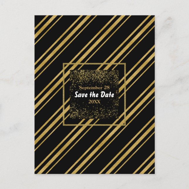 Cartão Postal De Anúncio Black & Sparkling Gold Stripe Modern Save the Date (Frente)