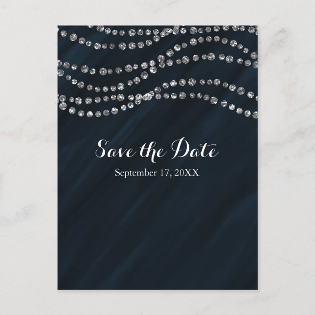 Cartão Postal De Anúncio Bling de Diamante Falso Azul e Prata Save The Date (Frente)