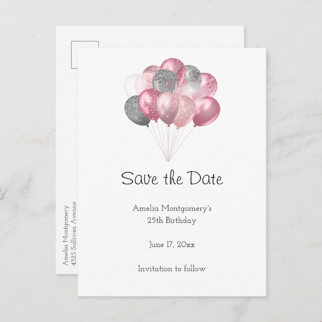 Cartão Postal De Anúncio Bloco de Balões Brilhante, Rosa e Prata (Frente/Verso)