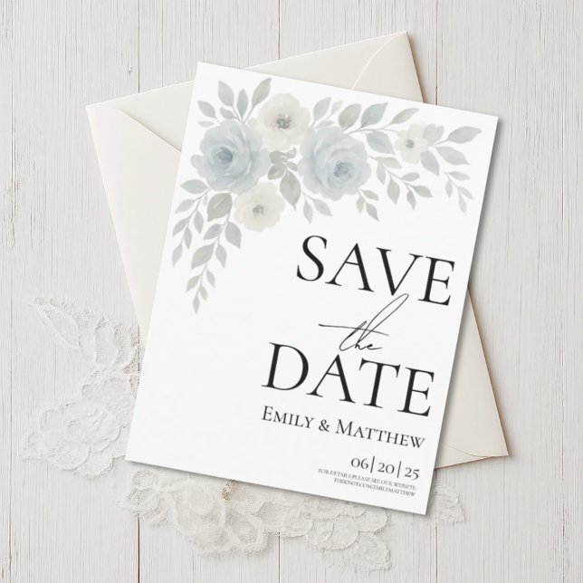Cartão Postal De Anúncio Blue and Ivory Floral Save The Date (Criador carregado)