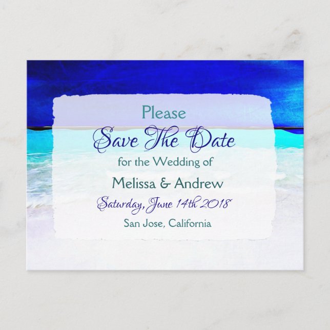 Cartão Postal De Anúncio Blue Beach Ocean Themed Weding Date (Frente)