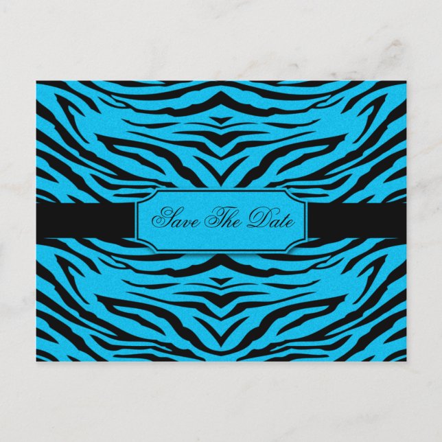 Cartão Postal De Anúncio Blue Black Zebra salva a data (Frente)