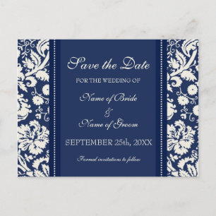 Cartão Postal De Anúncio Blue Damask Save the Date Wedding Postcards