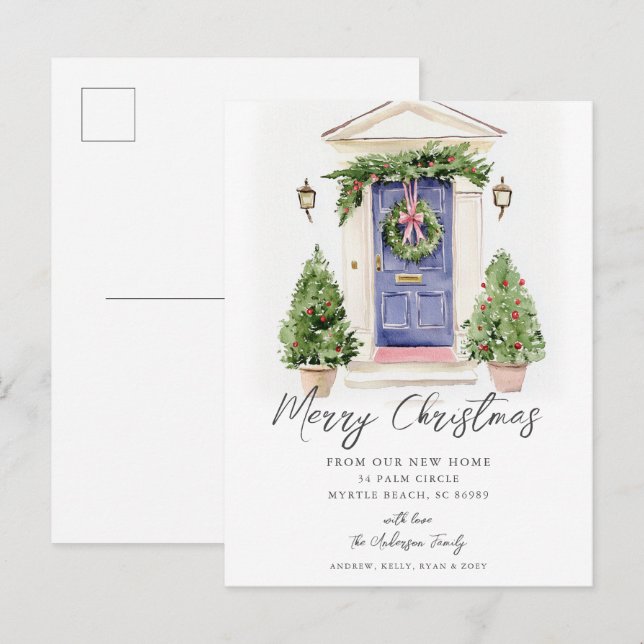 Cartão Postal De Anúncio Blue Door Rustic Christmas New Home Card (Frente/Verso)