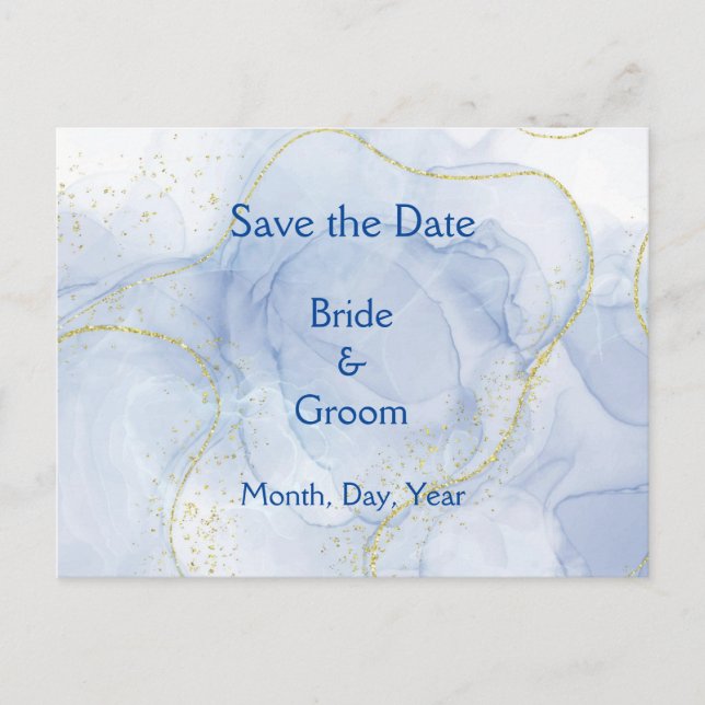 Cartão Postal De Anúncio Blue Gold Swirl Save the Date Wedding Invites (Frente)