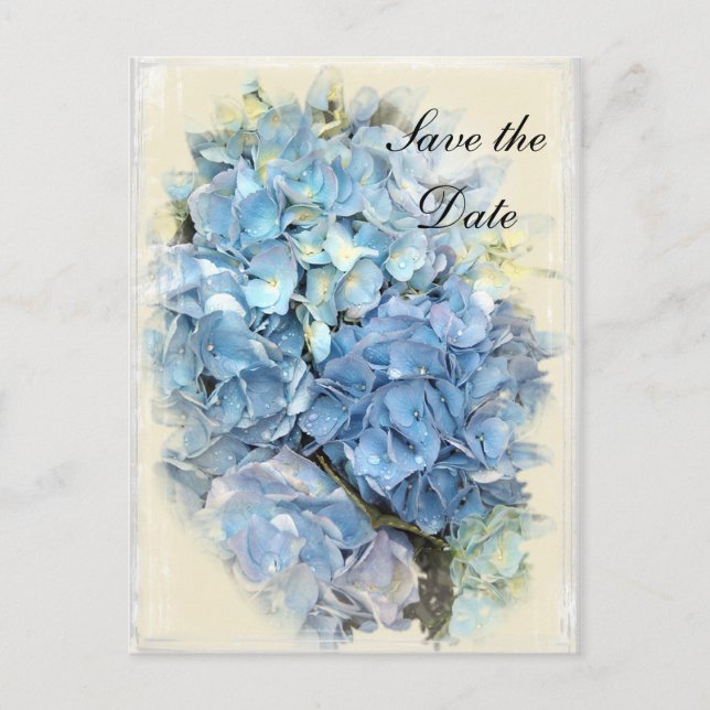 Cartão Postal De Anúncio Blue Hydrangea Flower Weding the Date (Frente)