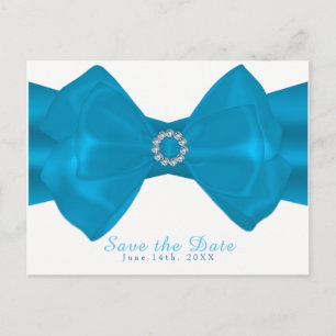 Cartão Postal De Anúncio Blue Ribbon & Diamonds Elegante Glam Salve a Data