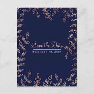 Cartão Postal De Anúncio Blue & Rose Gold Glam Botânico Salve a Data