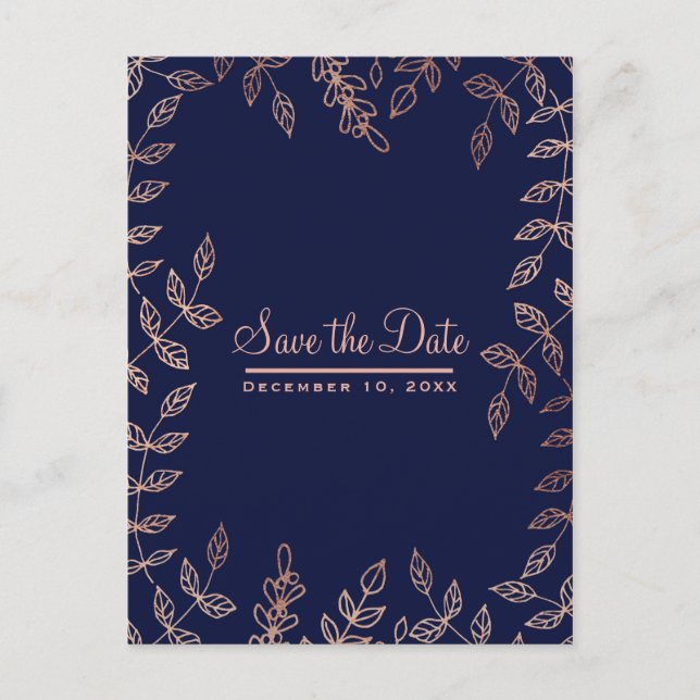 Cartão Postal De Anúncio Blue & Rose Gold Glam Botânico Save the Date (Frente)
