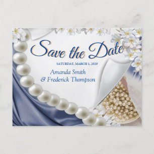 Cartão Postal De Anúncio Blue Silk & Ivory Pearls Salvar a Data