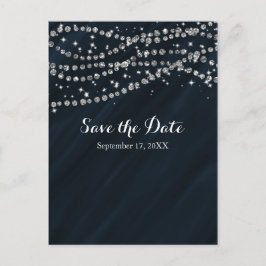 Cartão Postal De Anúncio Blue & Silver Faux Diamond Bling Save The Date
