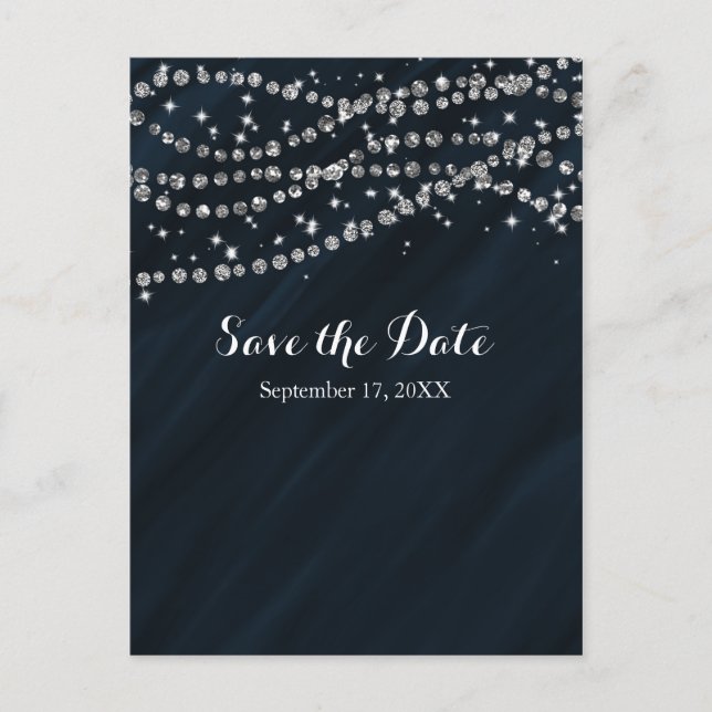 Cartão Postal De Anúncio Blue & Silver Faux Diamond Bling Save The Date (Frente)