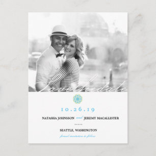 Cartão Postal De Anúncio Blue Snow Flower Winter Modern Photo Salvar Data