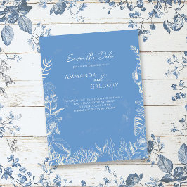 Cartão Postal De Anúncio Blue Toile Ocean temed Wedding Salvar data