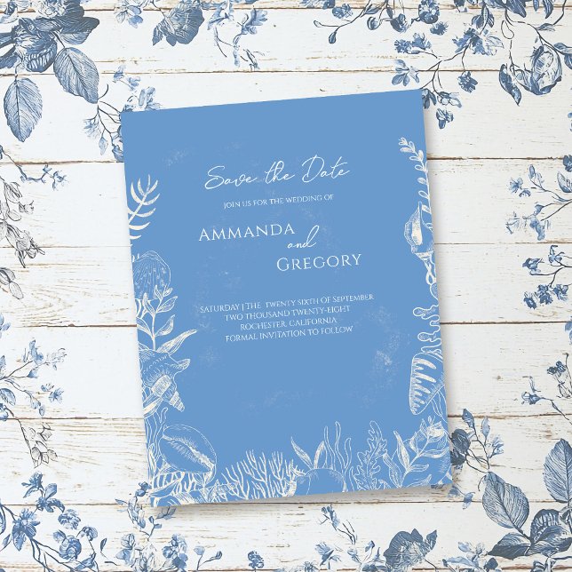 Cartão Postal De Anúncio Blue Toile Ocean temed Wedding Salvar data (Criador carregado)