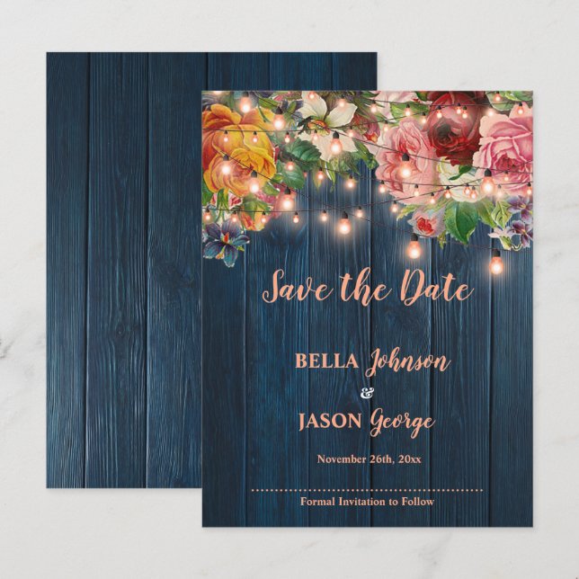 Cartão Postal De Anúncio Blue Wood Floral Lights Wedding Save The Date (Frente/Verso)