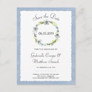 Cartão Postal De Anúncio Blue Wreath Elegance Weding Date (Salvamento da da