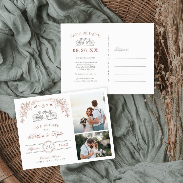 Cartão Postal De Anúncio Blush e Taupe Bicycle 2 Foto para salvar a data (Criador carregado)