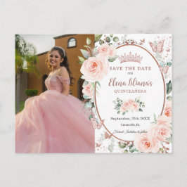 Cartão Postal De Anúncio Blush Floral Rosa Dourado Borboletas Quinceañera