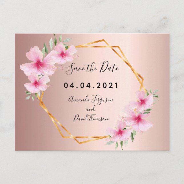 Cartão Postal De Anúncio Blush florals rosa gold casamento Salve a data (Frente)