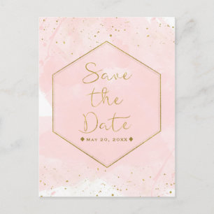 Cartão Postal De Anúncio Blush Pink e Dourado Splatter Modern Salvar a Data