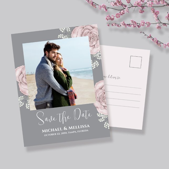 Cartão Postal De Anúncio Blush Pink Floral Wedding Save the Date Photo (Wedding save the date photo postcard.)